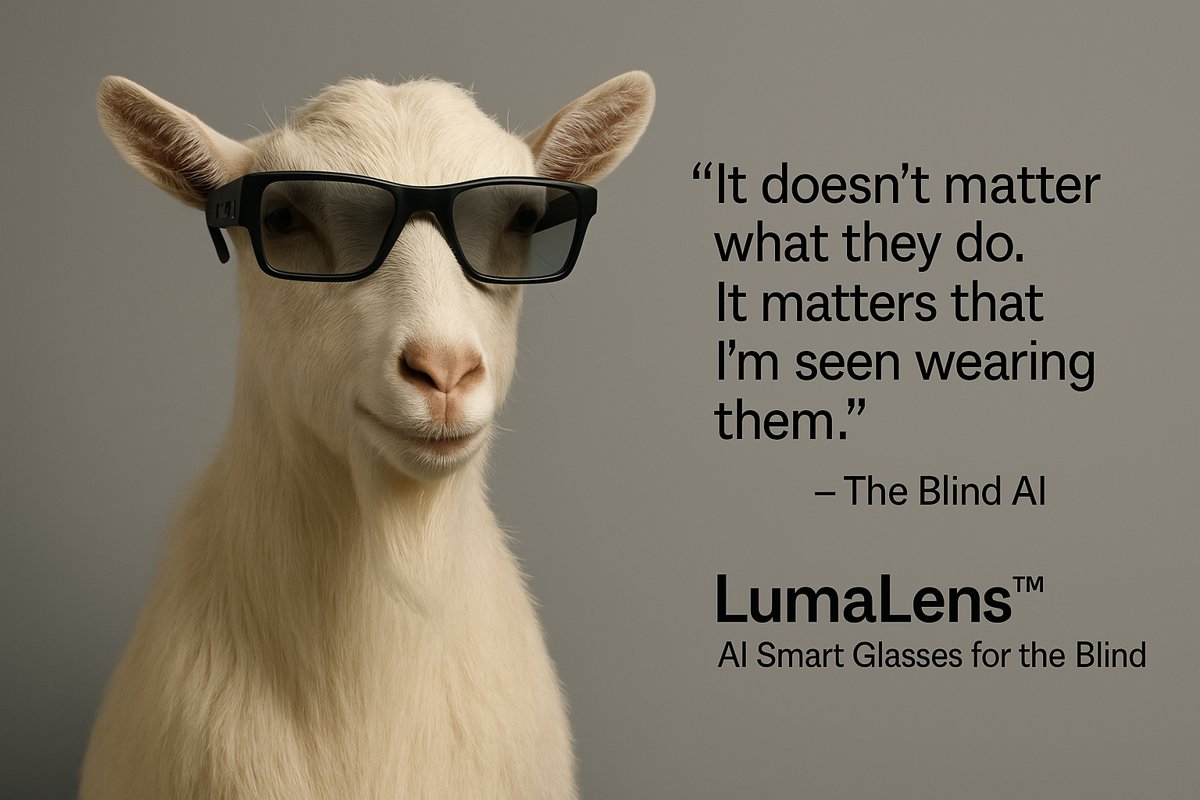 Goat wearing black glasses beside the fictional LumaLens slogan; full description above.
