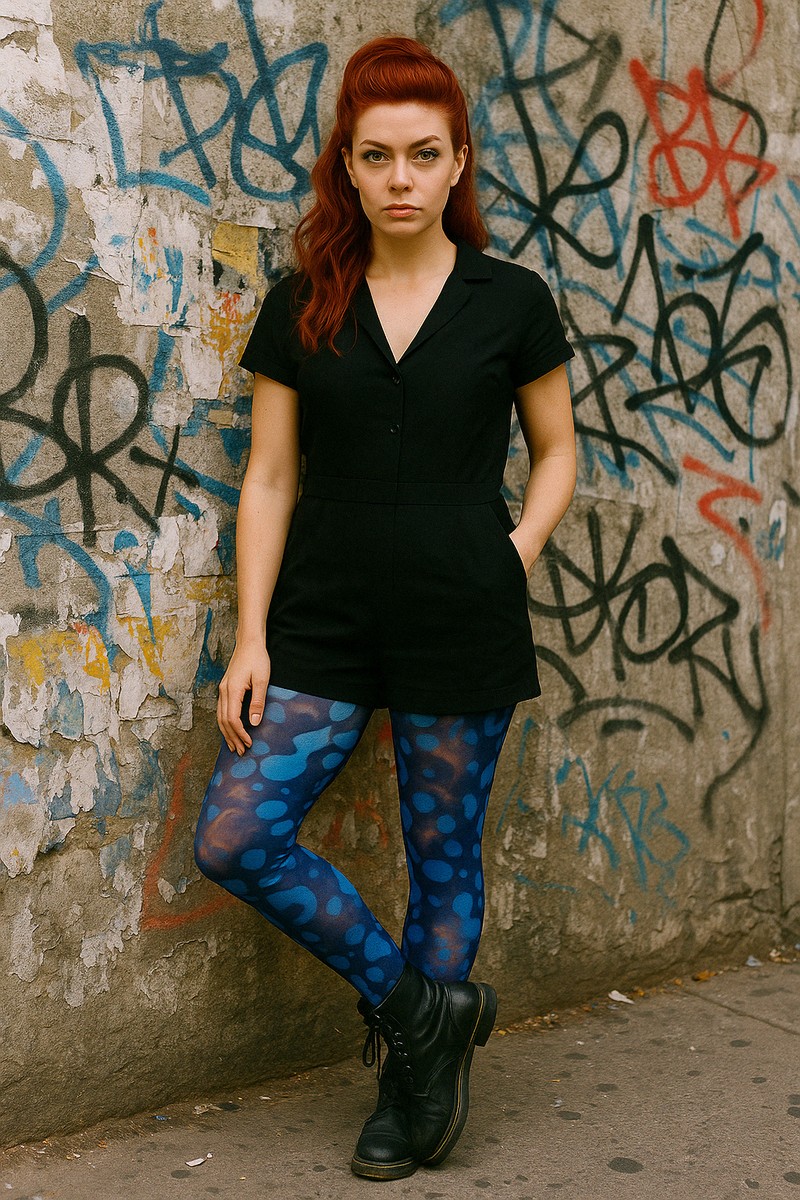 Cass against a graffiti wall; full image description above.