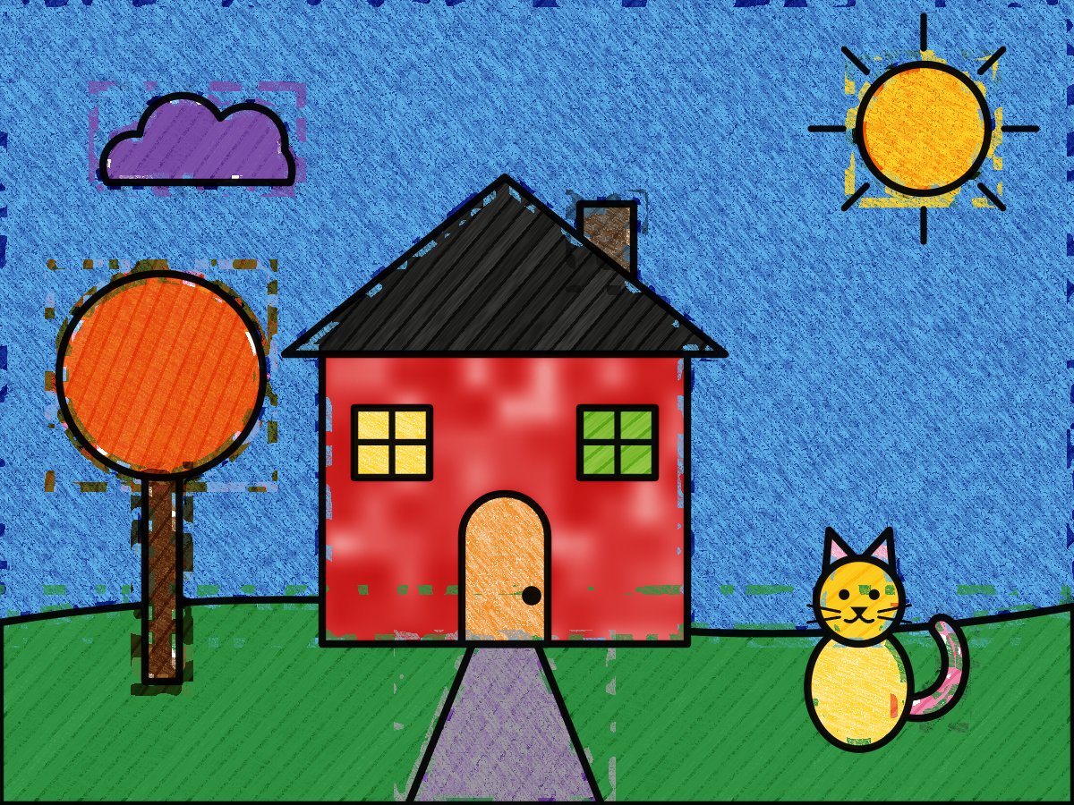 Coloured cottage and cat; full description above.